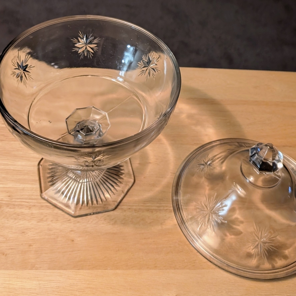 Clear Glass Compote with Starburst Etching - Elegant Home Dining Accent - Picture 8 of 10